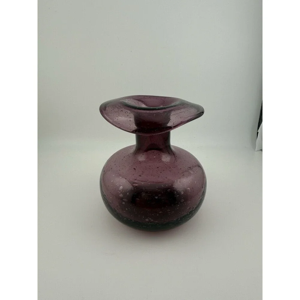 Vintage Hand Blown Small Folded Rim Purple Glass Bud Vase 4.5